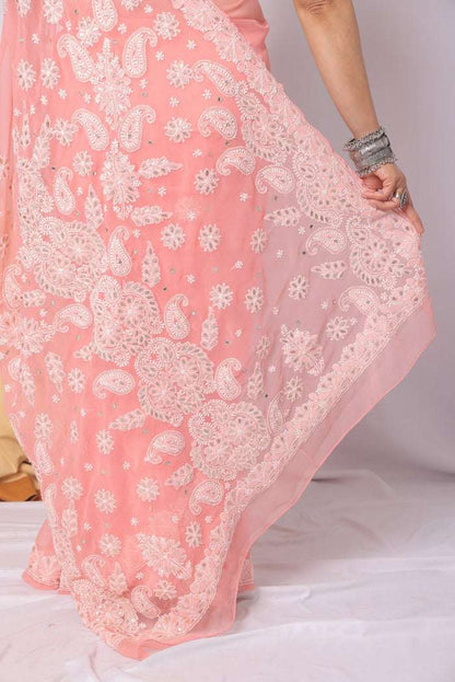 MeMaana Handcrafted Peach Georgette Chikankari Gota Patti Work Saree-Blouse MeMaana