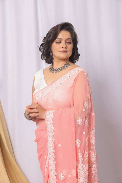 MeMaana Handcrafted Peach Georgette Chikankari Gota Patti Work Saree-Blouse MeMaana