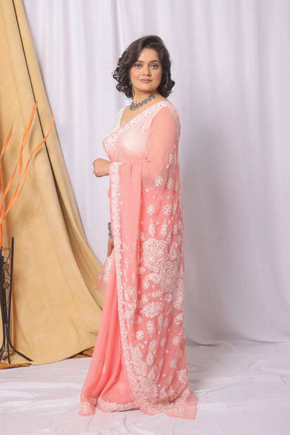 MeMaana Handcrafted Peach Georgette Chikankari Gota Patti Work Saree-Blouse MeMaana