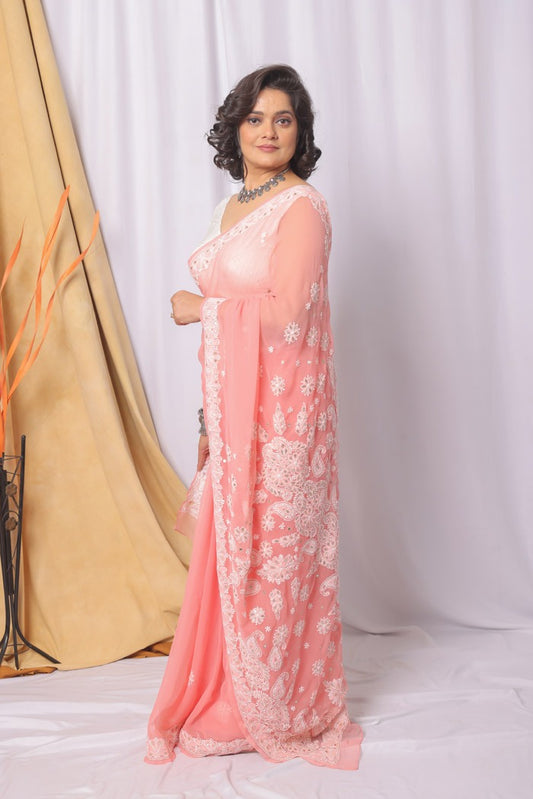 MeMaana Handcrafted Peach Georgette Chikankari Gota Patti Work Saree-Blouse Fabnuma