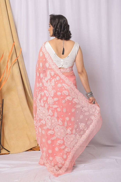 MeMaana Handcrafted Peach Georgette Chikankari Gota Patti Work Saree-Blouse MeMaana