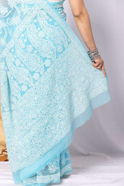 MeMaana Handcrafted Sky Blue Georgette Chikankari Saree-Blouse MeMaana