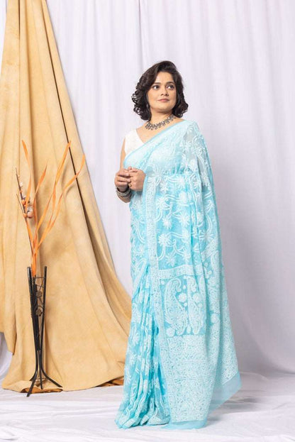 MeMaana Handcrafted Sky Blue Georgette Chikankari Saree-Blouse MeMaana