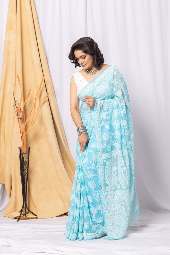 MeMaana Handcrafted Sky Blue Georgette Chikankari Saree-Blouse Fabnuma