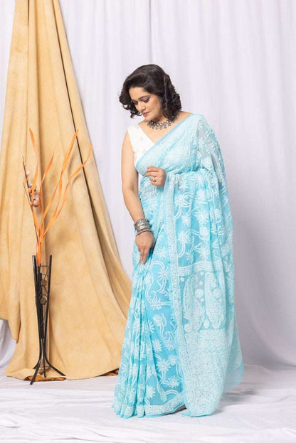 MeMaana Handcrafted Sky Blue Georgette Chikankari Saree-Blouse MeMaana