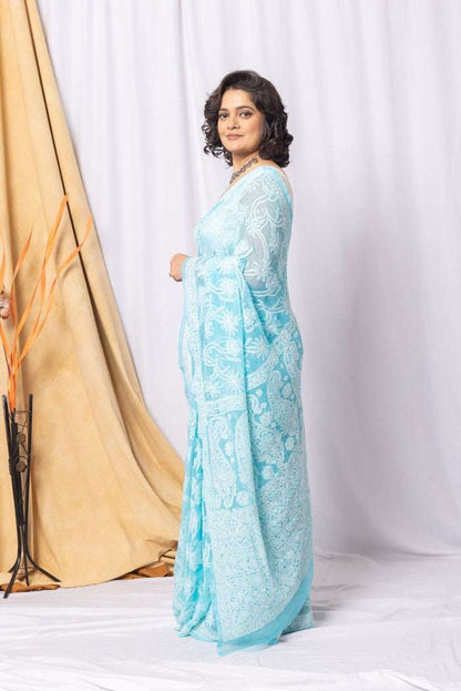 MeMaana Handcrafted Sky Blue Georgette Chikankari Saree-Blouse MeMaana