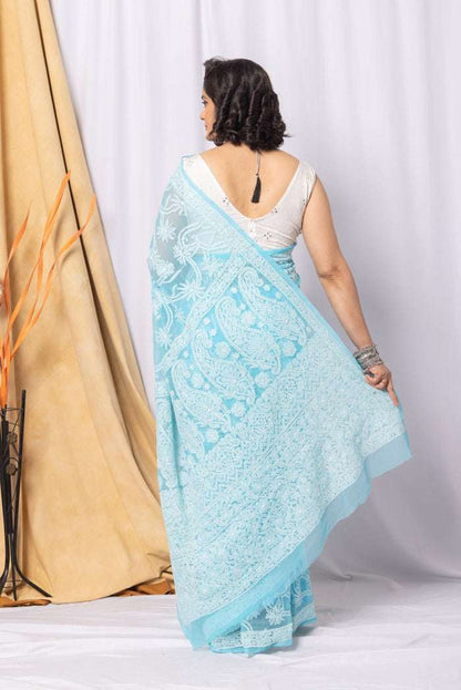 MeMaana Handcrafted Sky Blue Georgette Chikankari Saree-Blouse MeMaana