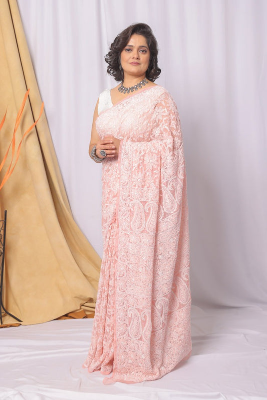 MeMaana Handcrafted Peach Georgette Chikankari Pearl & Sequence Work Saree-Blouse Fabnuma