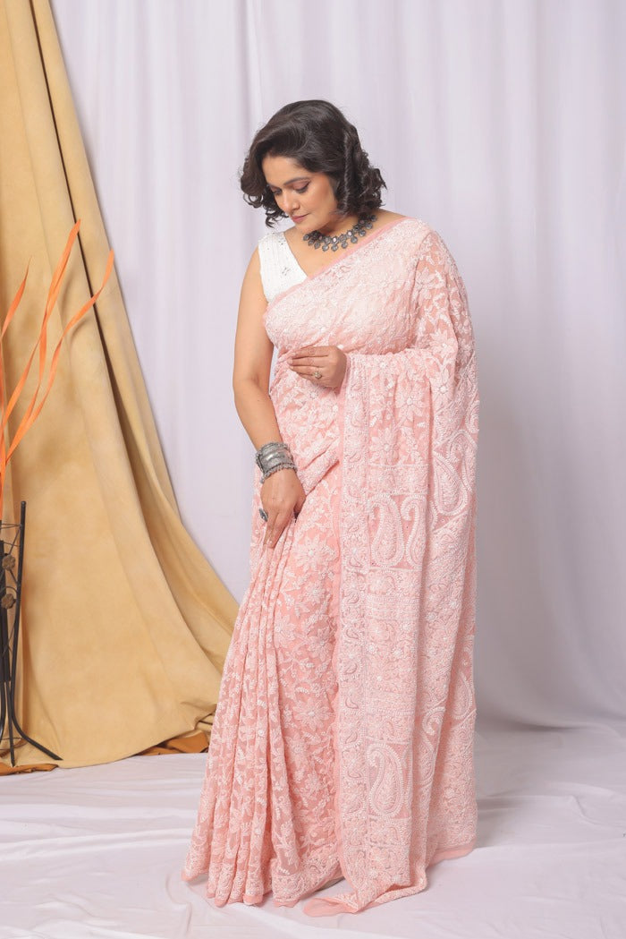 MeMaana Handcrafted Peach Georgette Chikankari Pearl & Sequence Work Saree-Blouse Fabnuma