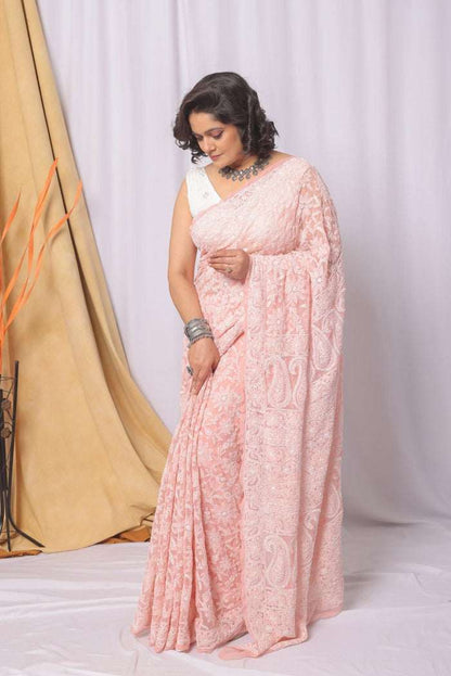 MeMaana Handcrafted Peach Georgette Chikankari Pearl & Sequence Work Saree-Blouse MeMaana