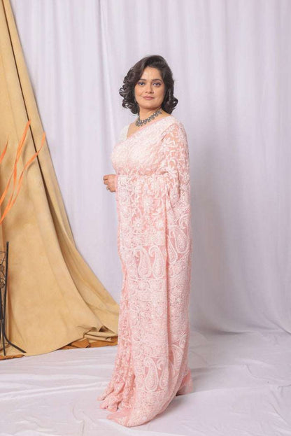 MeMaana Handcrafted Peach Georgette Chikankari Pearl & Sequence Work Saree-Blouse MeMaana
