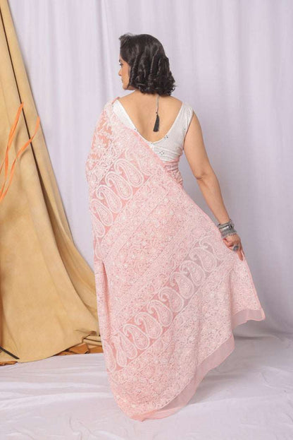 MeMaana Handcrafted Peach Georgette Chikankari Pearl & Sequence Work Saree-Blouse MeMaana