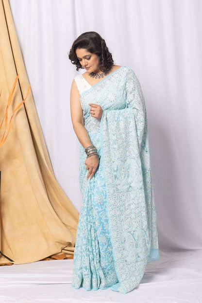 MeMaana Handcrafted Sky Blue Georgette Chikankari Gota Patti Saree-Blouse MeMaana
