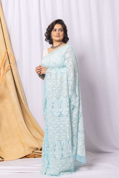 MeMaana Handcrafted Sky Blue Georgette Chikankari Gota Patti Saree-Blouse MeMaana