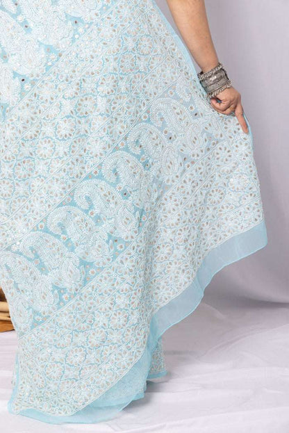 MeMaana Handcrafted Sky Blue Georgette Chikankari Gota Patti Saree-Blouse MeMaana