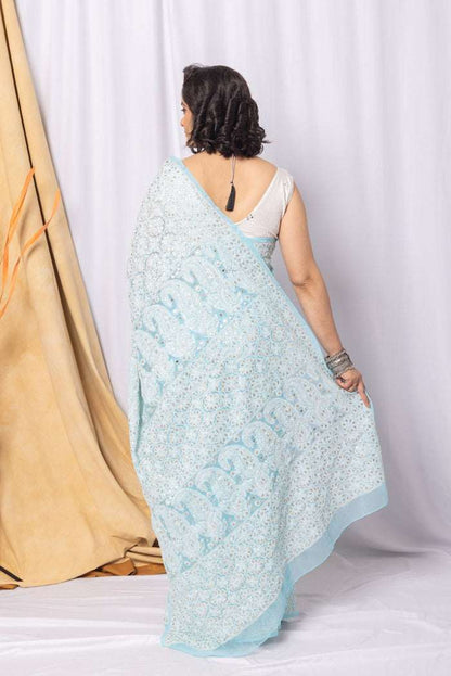 MeMaana Handcrafted Sky Blue Georgette Chikankari Gota Patti Saree-Blouse MeMaana