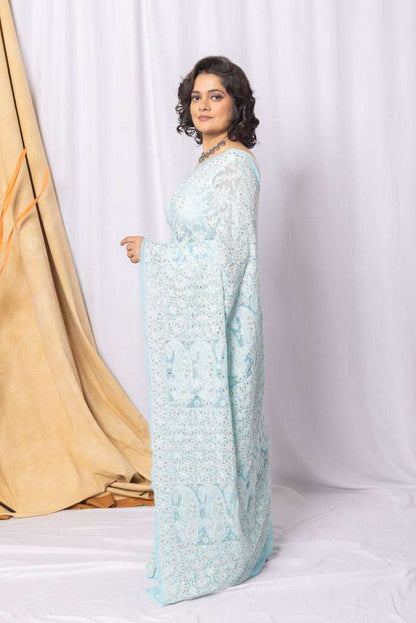 MeMaana Handcrafted Sky Blue Georgette Chikankari Gota Patti Saree-Blouse MeMaana