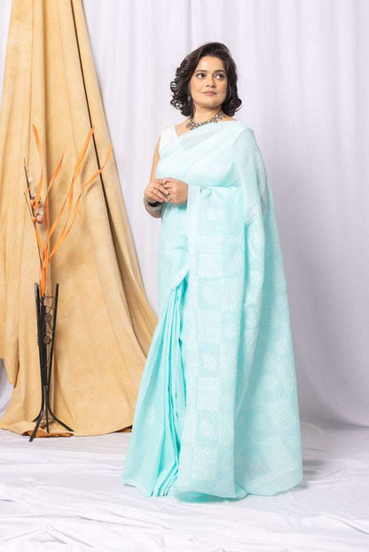 MeMaana Handcrafted Sea Green Cotton Chikankari Saree-Blouse MeMaana