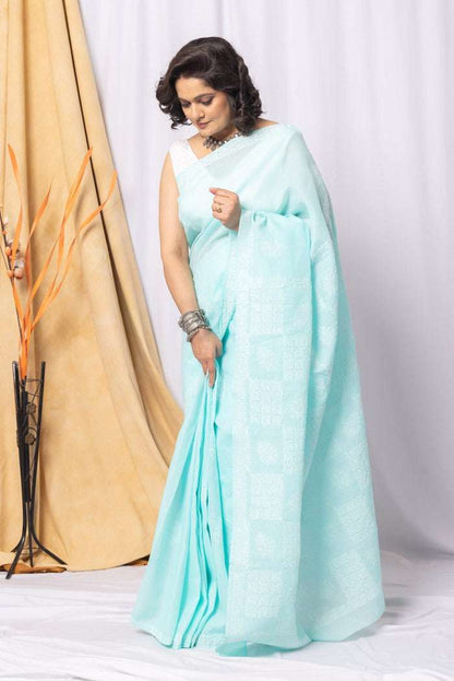 MeMaana Handcrafted Sea Green Cotton Chikankari Saree-Blouse MeMaana