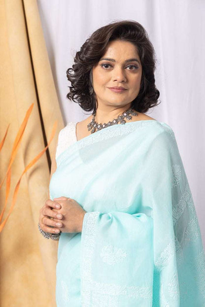 MeMaana Handcrafted Sea Green Cotton Chikankari Saree-Blouse MeMaana