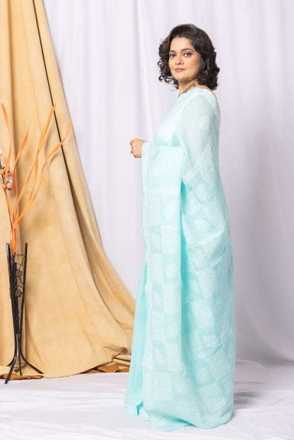 MeMaana Handcrafted Sea Green Cotton Chikankari Saree-Blouse MeMaana