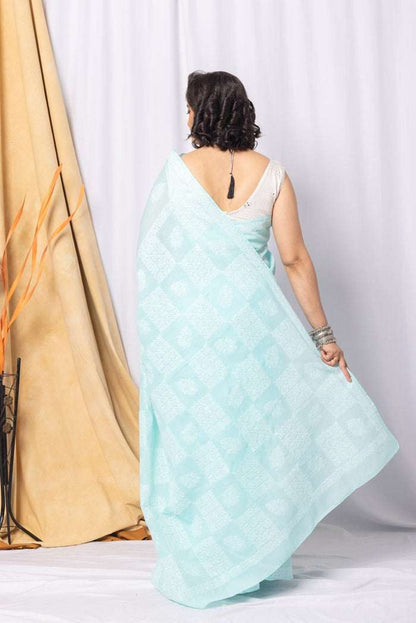 MeMaana Handcrafted Sea Green Cotton Chikankari Saree-Blouse MeMaana
