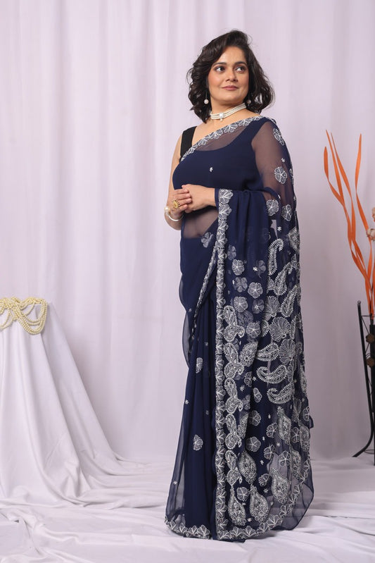 MeMaana Handcrafted Navy Blue Georgette Chikankari Sequence Pearl Work Saree-Blouse MeMaana
