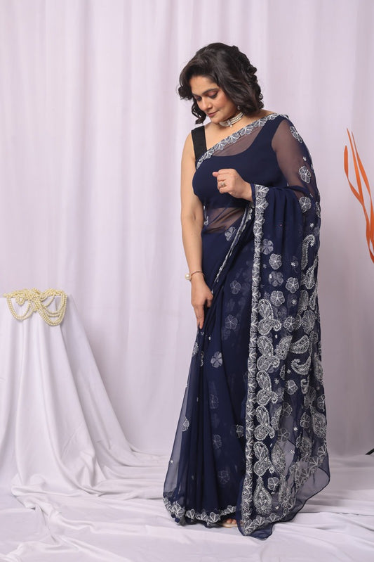 MeMaana Handcrafted Navy Blue Georgette Chikankari Sequence Pearl Work Saree-Blouse MeMaana