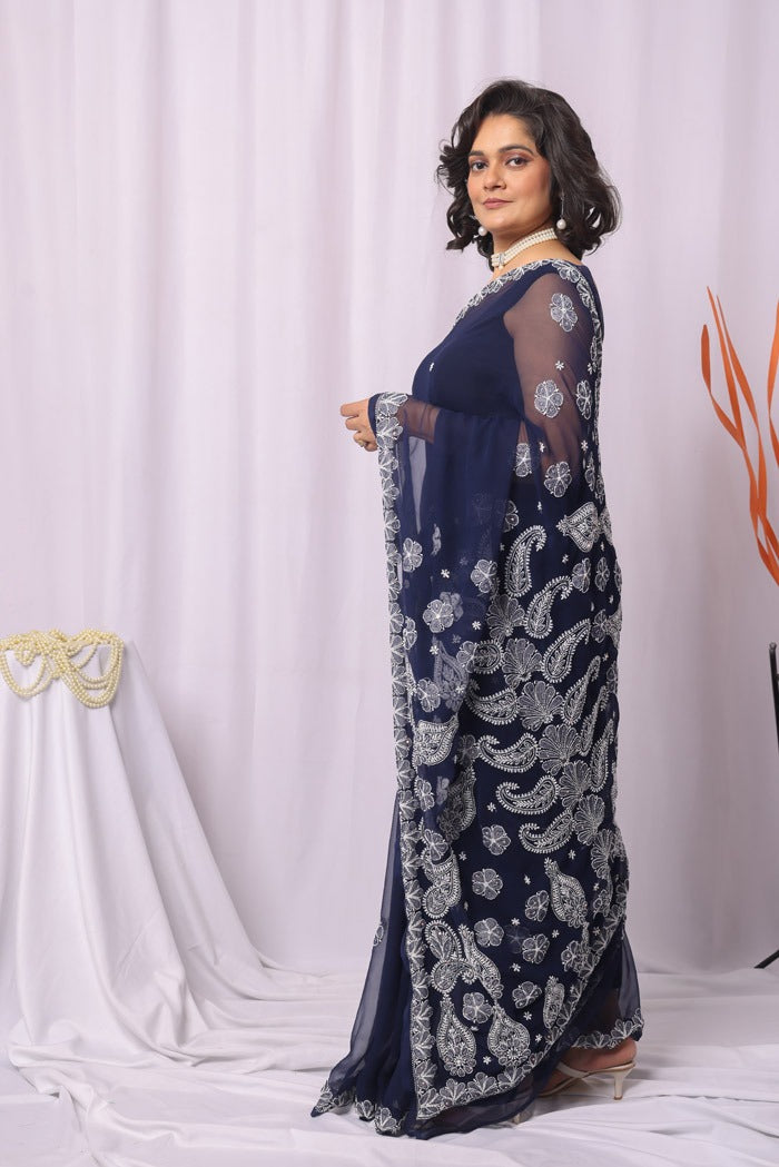 MeMaana Handcrafted Navy Blue Georgette Chikankari Sequence Pearl Work Saree-Blouse MeMaana