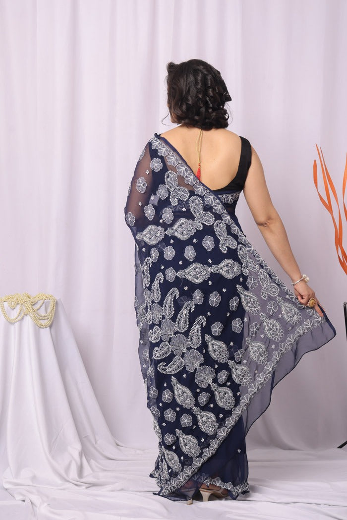 MeMaana Handcrafted Navy Blue Georgette Chikankari Sequence Pearl Work Saree-Blouse MeMaana