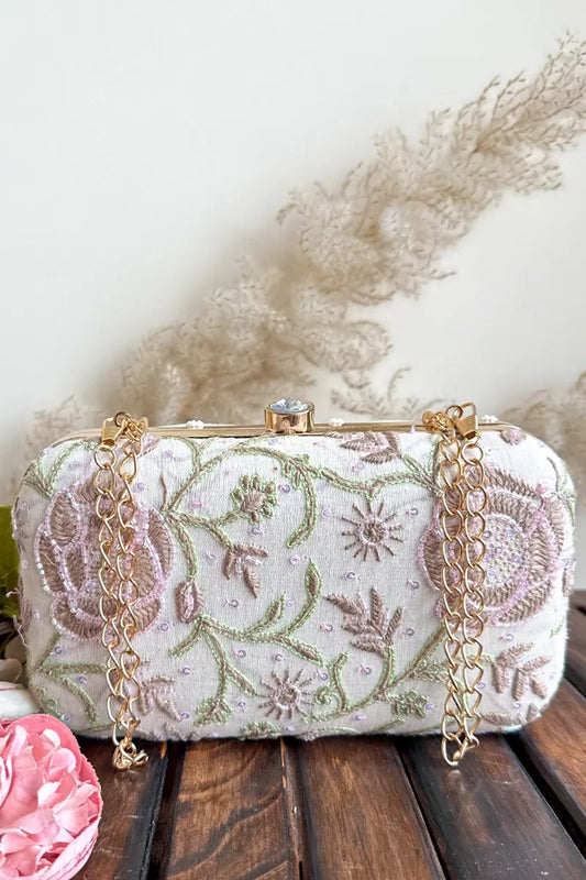 MeMaana Handcrafted White Chikankari Clutch with Pearl & Sequin Work Fabnuma