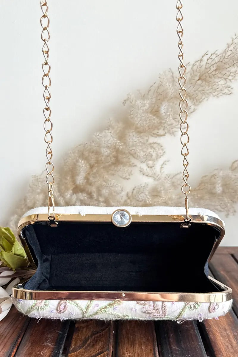 MeMaana Handcrafted White Chikankari Clutch with Pearl & Sequin Work Fabnuma