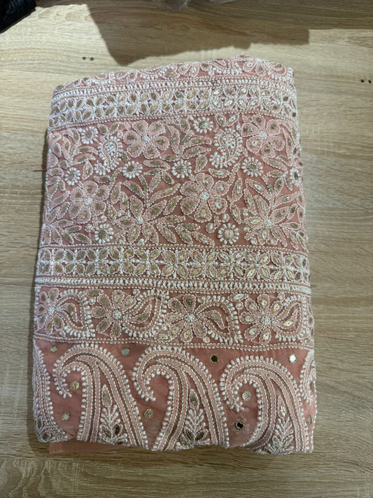 Peach Colour Georgette Chikankari Saree Gora Patti Work MeMaana