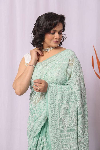 MeMaana Handcrafted Pista Green Georgette Sequence Pearl Work Chikankari Saree-Blouse MeMaana