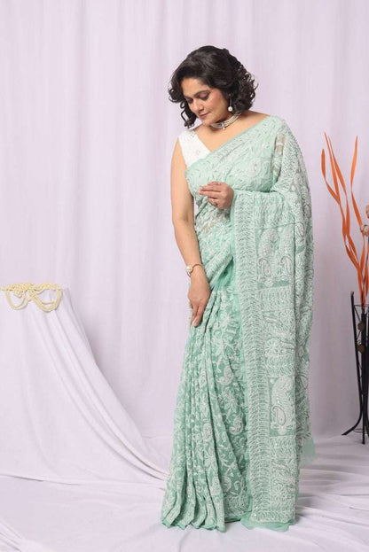 MeMaana Handcrafted Pista Green Georgette Sequence Pearl Work Chikankari Saree-Blouse MeMaana