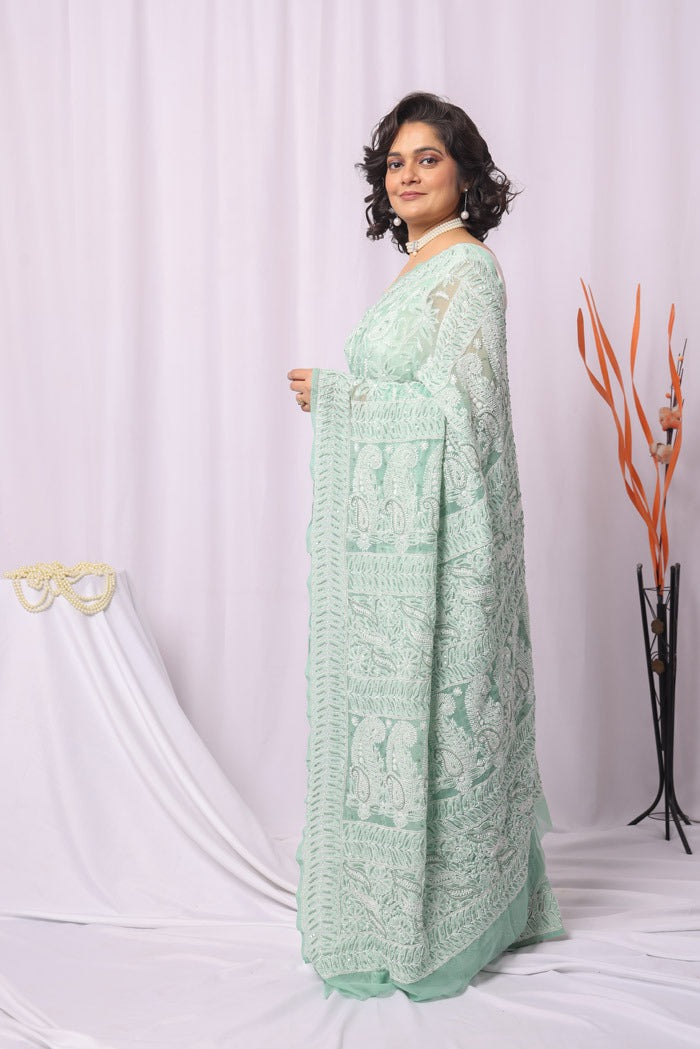 MeMaana Handcrafted Pista Green Georgette Sequence Pearl Work Chikankari Saree-Blouse Fabnuma