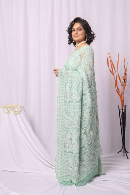 MeMaana Handcrafted Pista Green Georgette Sequence Pearl Work Chikankari Saree-Blouse MeMaana