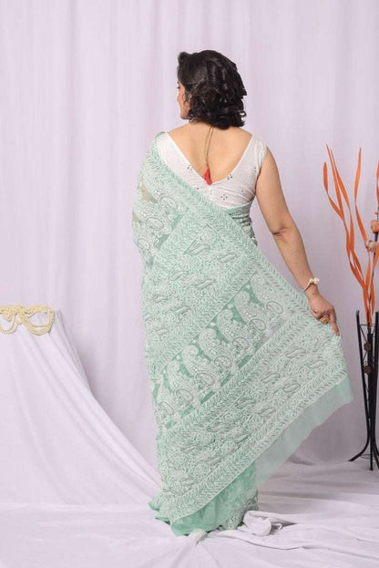 MeMaana Handcrafted Pista Green Georgette Sequence Pearl Work Chikankari Saree-Blouse MeMaana