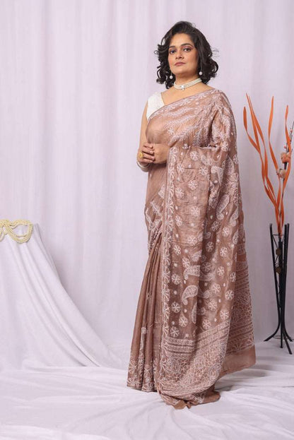 MeMaana Handcrafted Brown Tussar Silk Chikankari Saree-Blouse MeMaana