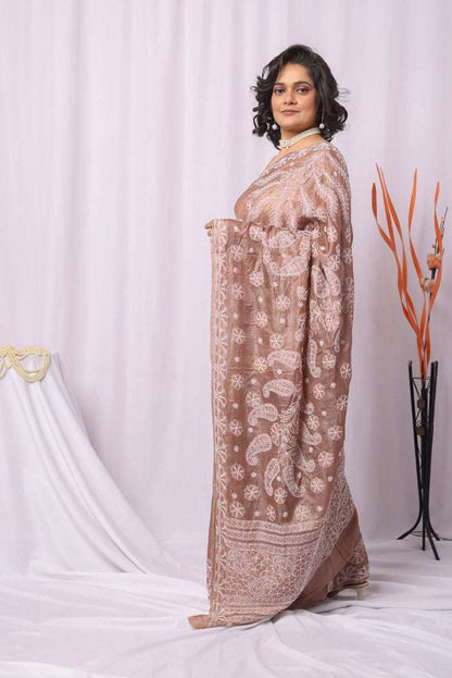 MeMaana Handcrafted Brown Tussar Silk Chikankari Saree-Blouse MeMaana