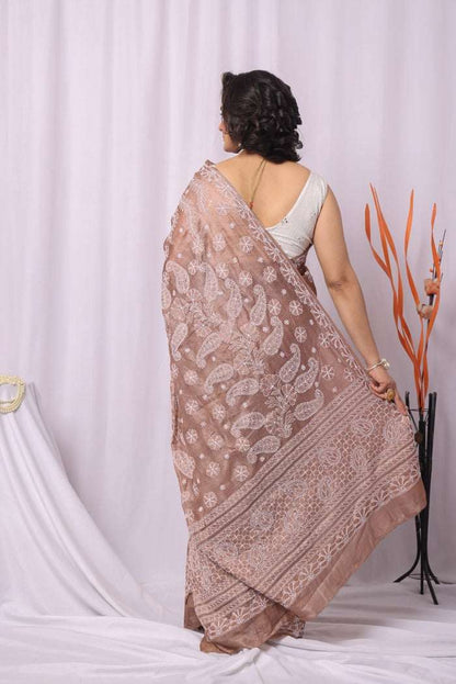 MeMaana Handcrafted Brown Tussar Silk Chikankari Saree-Blouse MeMaana
