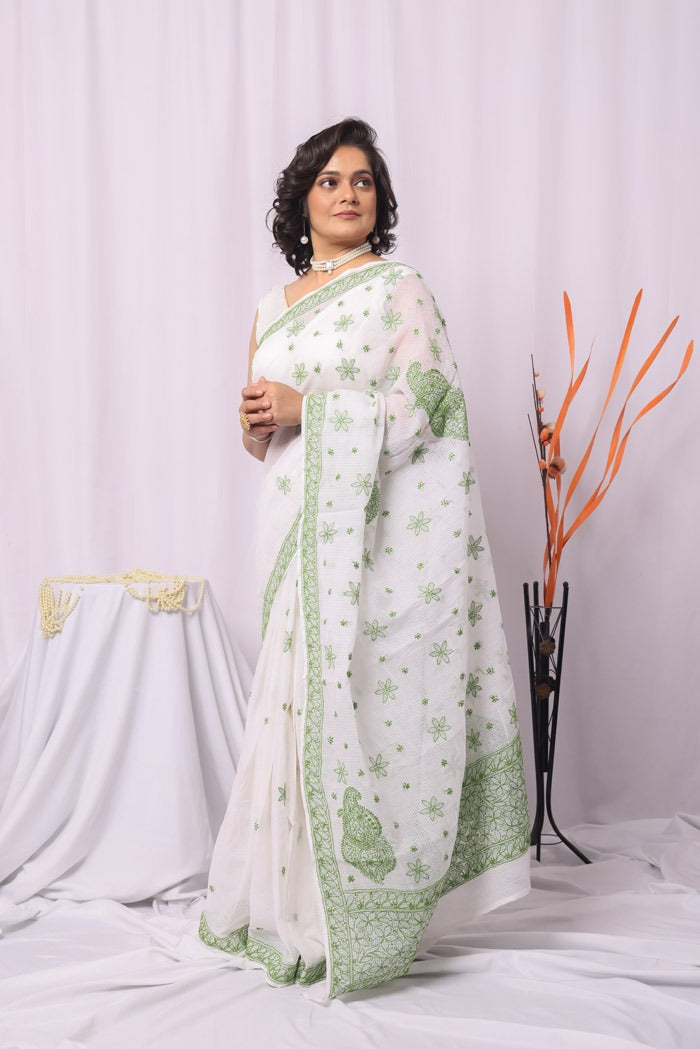 MeMaana Handcrafted White Kota Cotton Chikankari Saree-Blouse Fabnuma