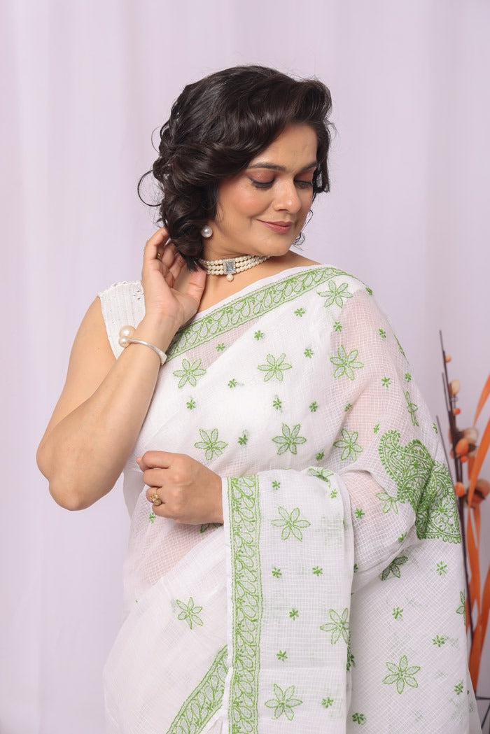 MeMaana Handcrafted White Kota Cotton Chikankari Saree-Blouse Fabnuma