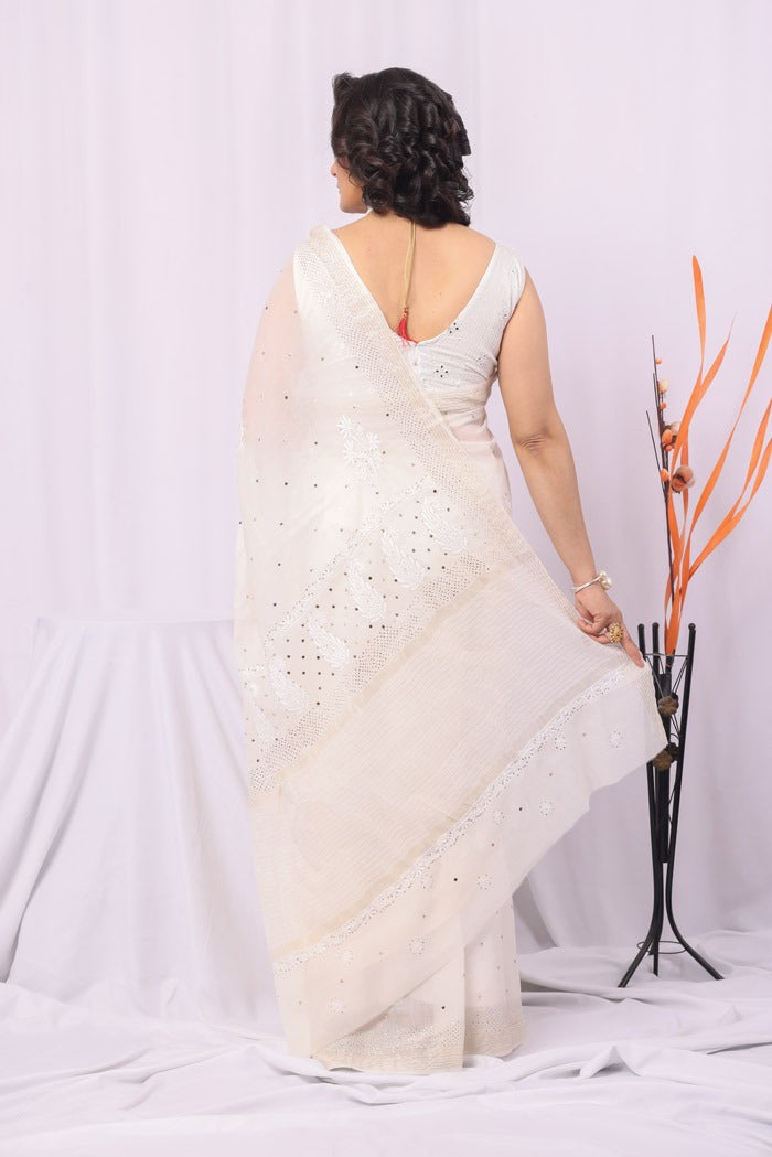 MeMaana Handcrafted White Pure Georgette Chikankari Saree-Blouse Fabnuma
