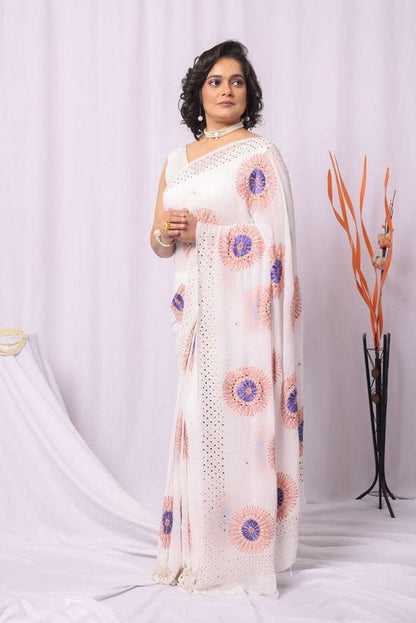 MeMaana Handcrafted White Viscose With Mukaish Work Chikankari Saree-Blouse MeMaana