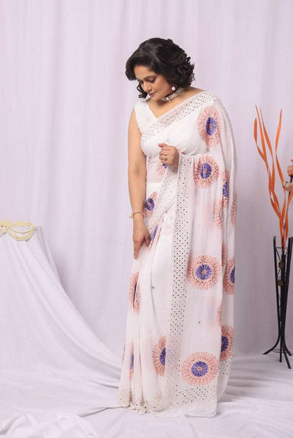 MeMaana Handcrafted White Viscose With Mukaish Work Chikankari Saree-Blouse MeMaana