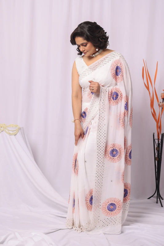 MeMaana Handcrafted White Viscose With Mukaish Work Chikankari Saree-Blouse Fabnuma