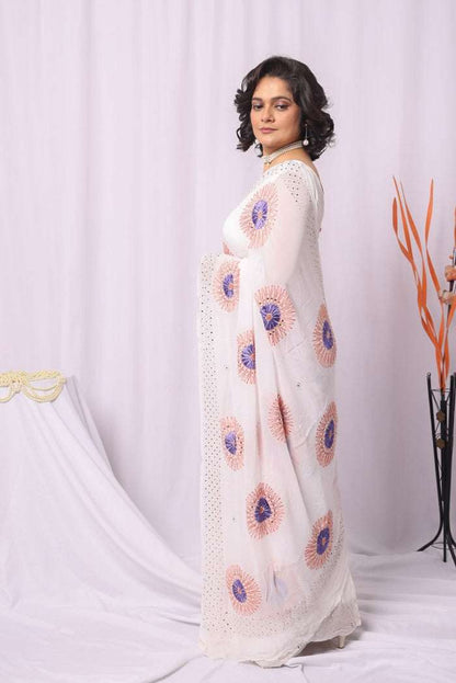 MeMaana Handcrafted White Viscose With Mukaish Work Chikankari Saree-Blouse MeMaana