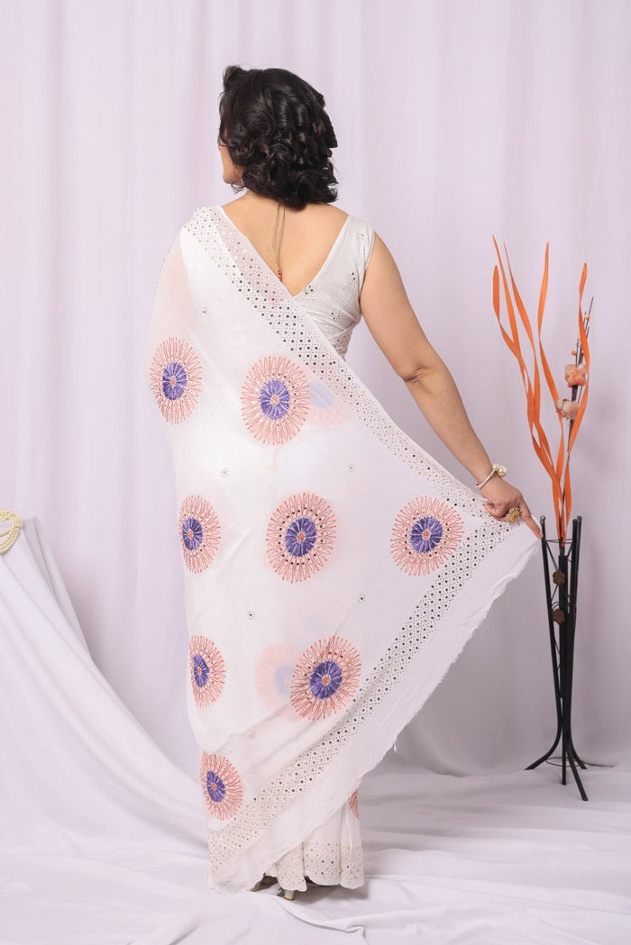 MeMaana Handcrafted White Viscose With Mukaish Work Chikankari Saree-Blouse Fabnuma