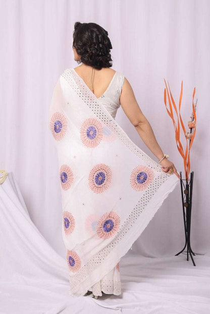 MeMaana Handcrafted White Viscose With Mukaish Work Chikankari Saree-Blouse MeMaana